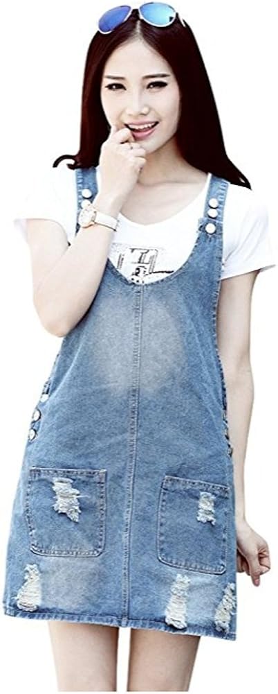 distressed denim overall dress