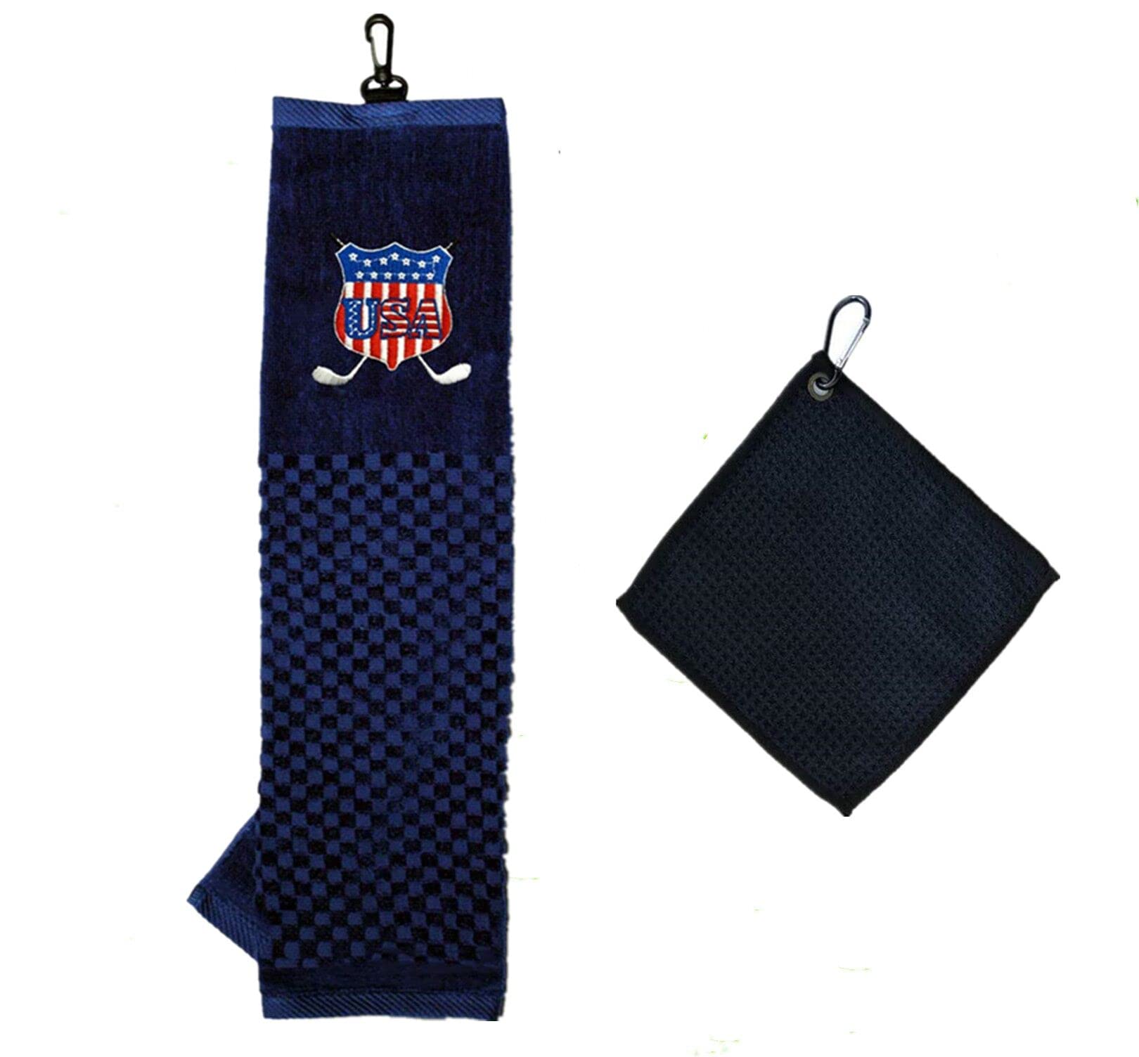 FINGER TEN Golf Towels for Golf Bags with Grommet Clip and 1 Pack Golf Ball Towel Set, Tri-fold Towel 16’’X 22" Embroidered Pattern USA Flag Fabric fit Sport Travel Football (USA FLAG)