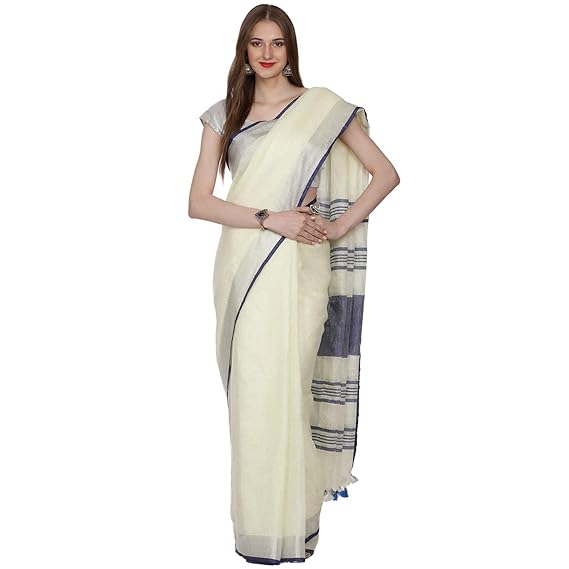 Women's Linen Saree With Blouse Piece (BO.LSR.VANILLA045_Off-White)