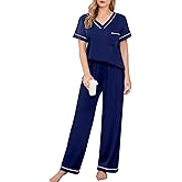Ekouaer Women's Pajama Sets Short Sleeve V Neck Sleepwear Nightwear Soft Pjs Lounge Sets with Pocket