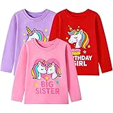 HILEELANG Toddler Girl Long Sleeve Graphic Tees, 100% Cotton, 3-Pack, 2-7 Years, Spring & Fall Layering Shirts