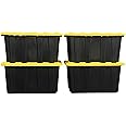 STOWIX BLACK & YELLOW 27-Gallon Storage Bin with Snap-on Lid, Heavy Duty Plastic Storage Bins with Lid, Stackable, 4 Pack
