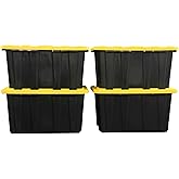 STOWIX BLACK & YELLOW 27-Gallon Storage Bin with Snap-on Lid, Heavy Duty Plastic Storage Bins with Lid, Stackable, 4 Pack