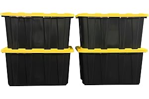 STOWIX BLACK & YELLOW 27-Gallon Storage Bin with Snap-on Lid, Heavy Duty Plastic Storage Bins with Lid, Stackable, 4 Pack