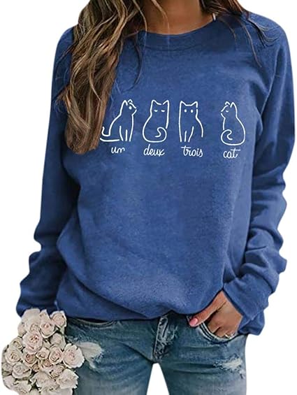 Greenting Un Deux Trois Cat Sweatshirt, Cute Pets Pullover Cotton Sweatshirts for Women Blue at 