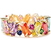 STORYJEWELLERY Rainbow Ring, Baguette Ring, Colorful Eternity Band Rings for Women, Emerald Cut Cubic Zirconia Cocktail Rings, Wedding Bands for Women, Colorful Jewelry, Rainbow Gifts