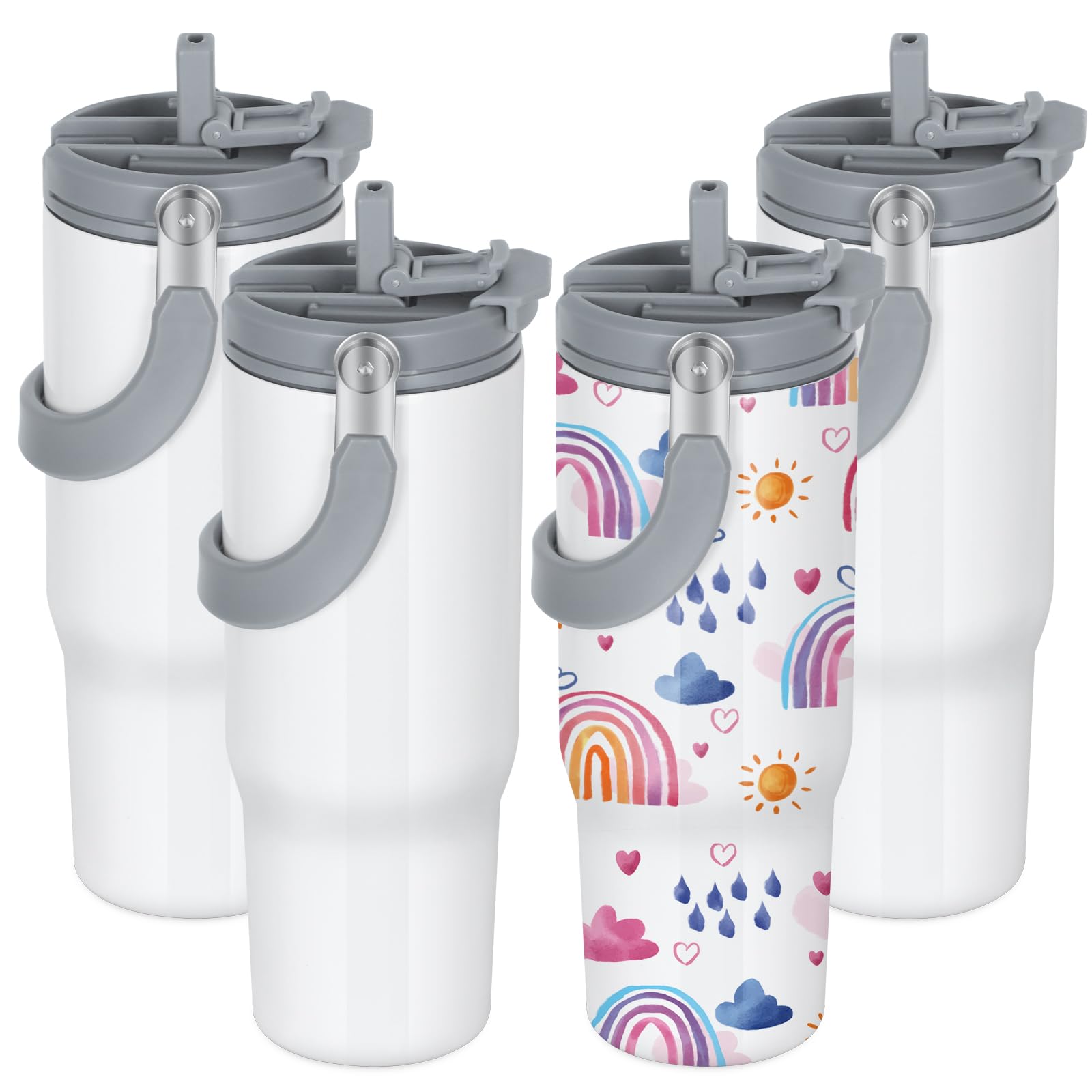 Photo 1 of 4 Pack 30oz Sublimation Tumbler with Handle, Sublimation Flip Straw Tumbler with Portable 2-in-1 Lid, Insulated Stainless Steel Water Bottle, Leak Proof Travel Mug Cup for Home, Outdoor or Car