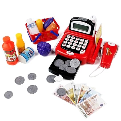 Kaufmannsladen Kasse Kaufladen Kinder Spielzeug Registrierkasse mit Elektronischem Taschenrechner Scanner und Spielgeld Rolle