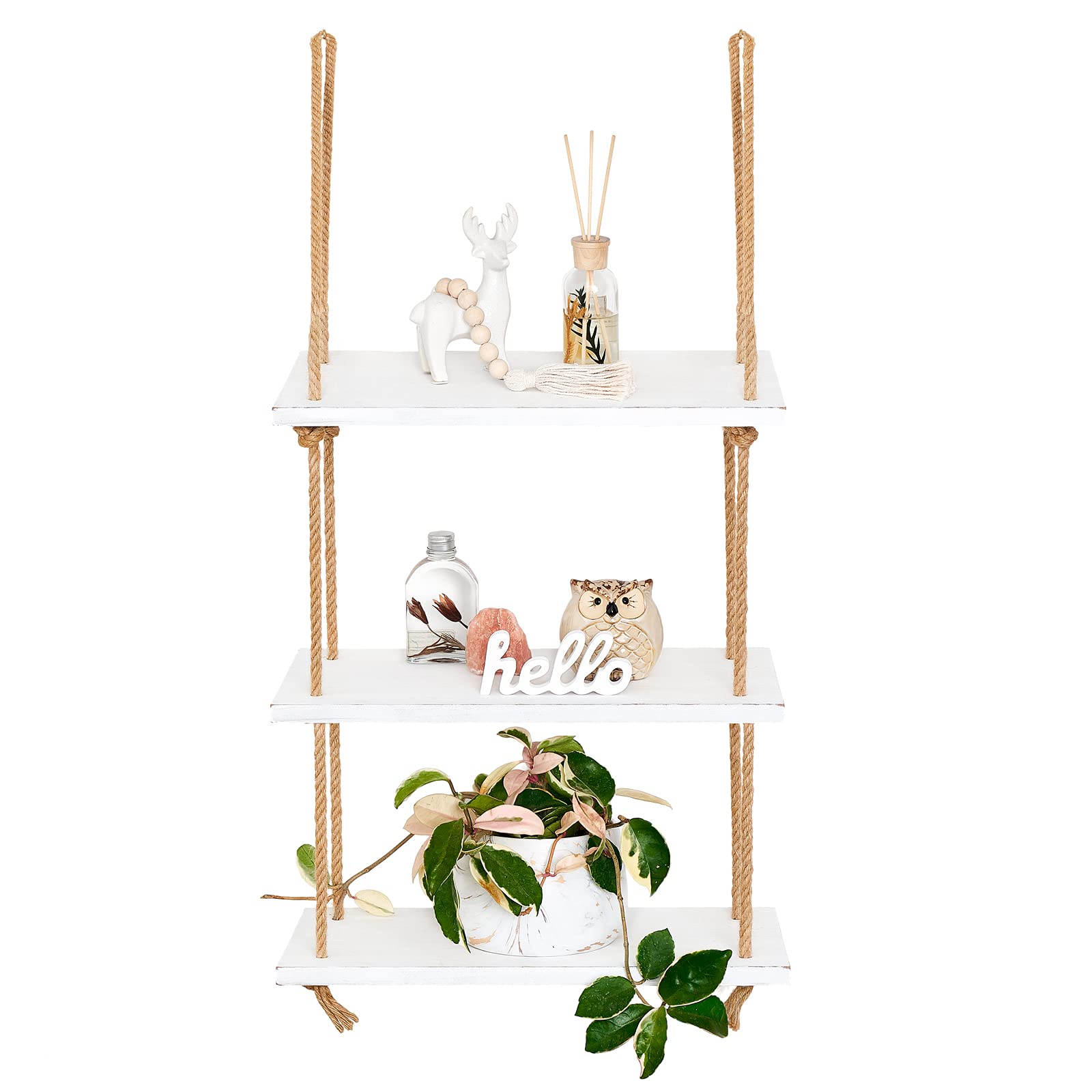Photo 1 of Mkono Hanging Shelves 3 Tier White Wood Wall Mount Floating Shelf with Rope Boho Decor for Living Room Bathroom Bedroom Kitchen Apartment - Rustic Wood Decorative Storage Shelf