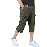 Men's Casual Twill Elastic Cargo Shorts Loose Fit Multi-Pocket 3/4 Capri Long Shorts Below Knee Casual with 7 Pockets