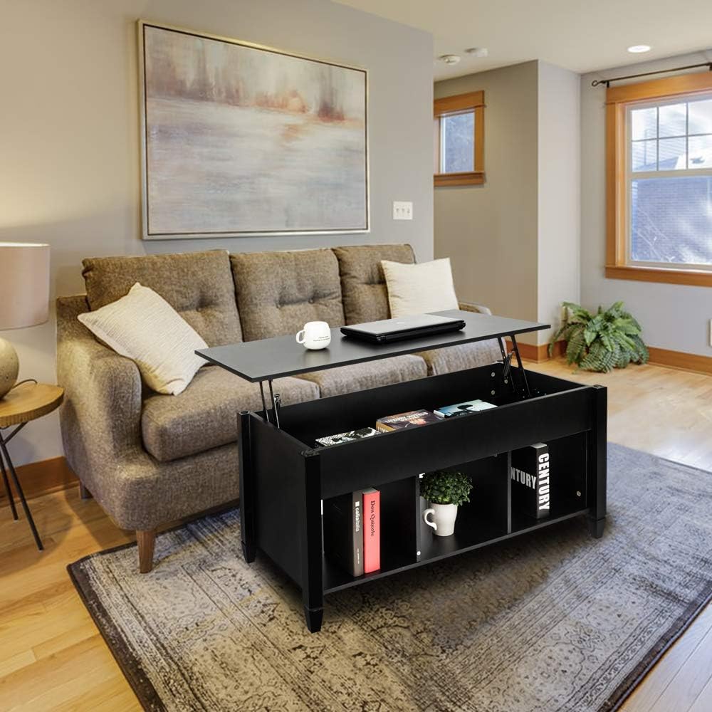 Lift Top Coffee Table with Hidden Compartment and Storage Shelves Pop-Up Storage Cocktail Table, Lift Tabletop Dining Table (Black)