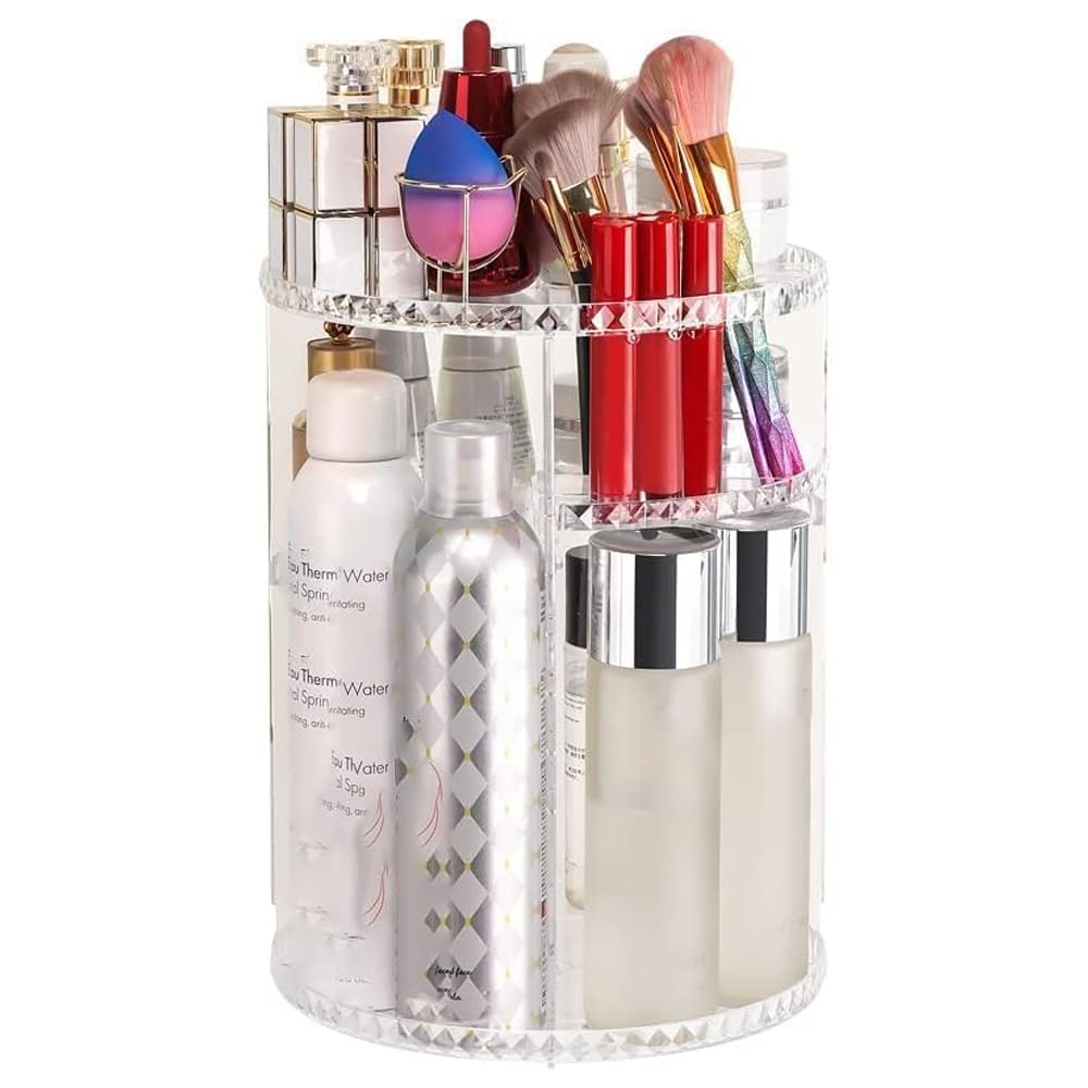 REQO Makeup Organiser,360 Degree Rotation Cosmetic Storage,Clear Acrylic Make Up Organiser Storage for Skincare, Perfumes, Jewelry, for Dressing Table Bedroom
