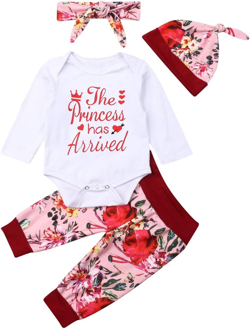 4 pcs Baby Girls Pants Set Newborn Infant Toddler Letter Romper Arrow Heart Pants Hats Headband Clothes