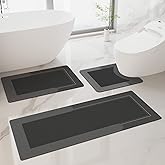 HelloTree 3PCS Bath Mat Rug Rubber Non Slip Quick Dry Rug Sets Super Absorbent Thin Bathroom Rugs Fit Under Door Dark Grey Washable Bathroom Floor Mats for in Front of Bathtub, Shower Room, Sink