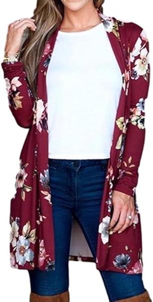 Cardigan Women's Long Sleeve Burgundy/Red Floral Duster Jacket at Amazon Womenâs Clothing store