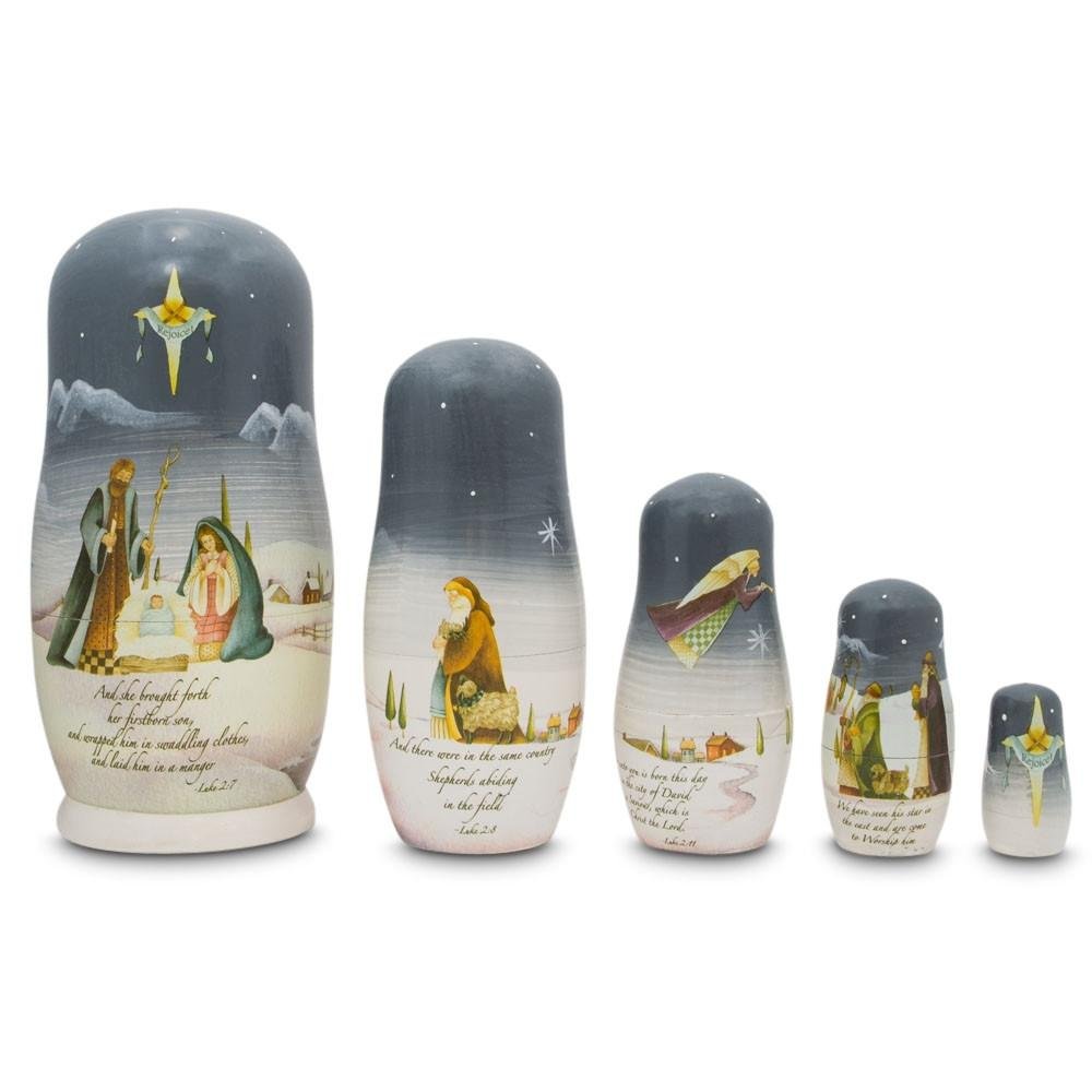 5.75" Nativity Scene Set with Bible Verses Wooden Nesting Dolls eBay