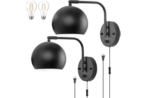 VATONI Dimmable Wall Sconces Set of 2, Plug in Wall Sconces Swing Arm Wall Lights with Plug in Cord and Dimmer On/Off Knob Switch, Black Globe Wall Light for Bedside Bedroom Bathroom(2 Bulbs Included)