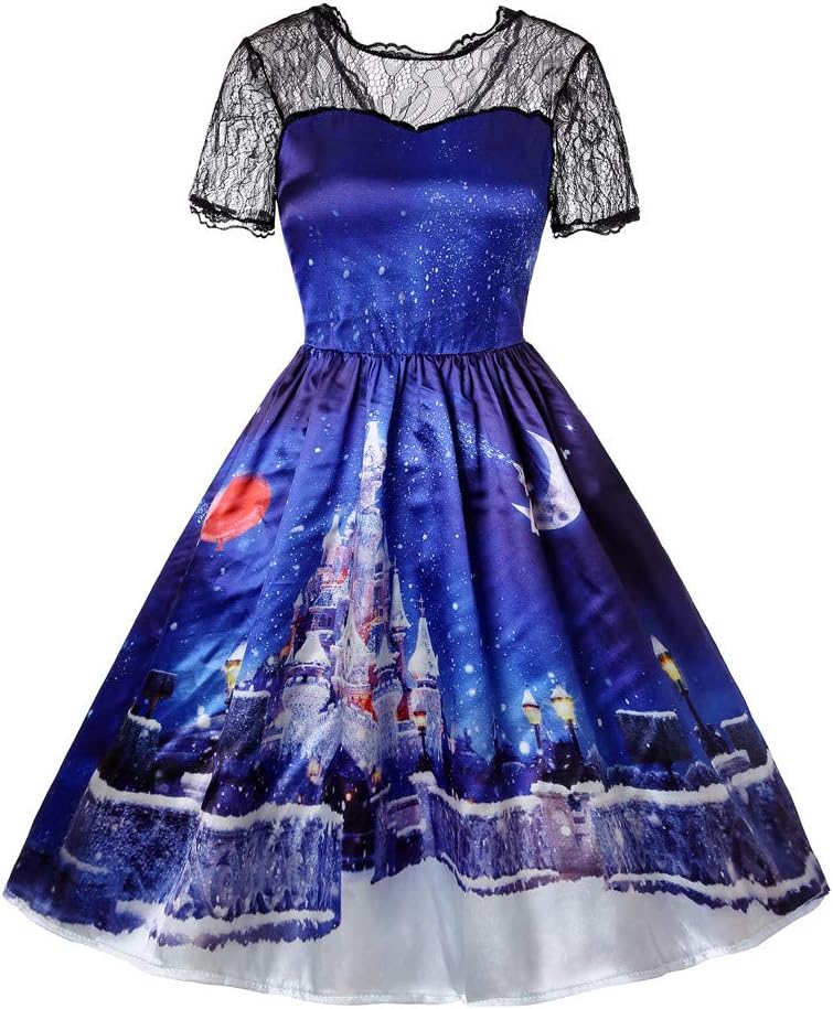 LianMengMVP Christmas Women Dress Short Sleeve Lace Patchwork Printing Vintage Gown Party Dress Fashion Maxi Dress