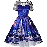 LianMengMVP Christmas Women Dress Short Sleeve Lace Patchwork Printing Vintage Gown Party Dress Fashion Maxi Dress