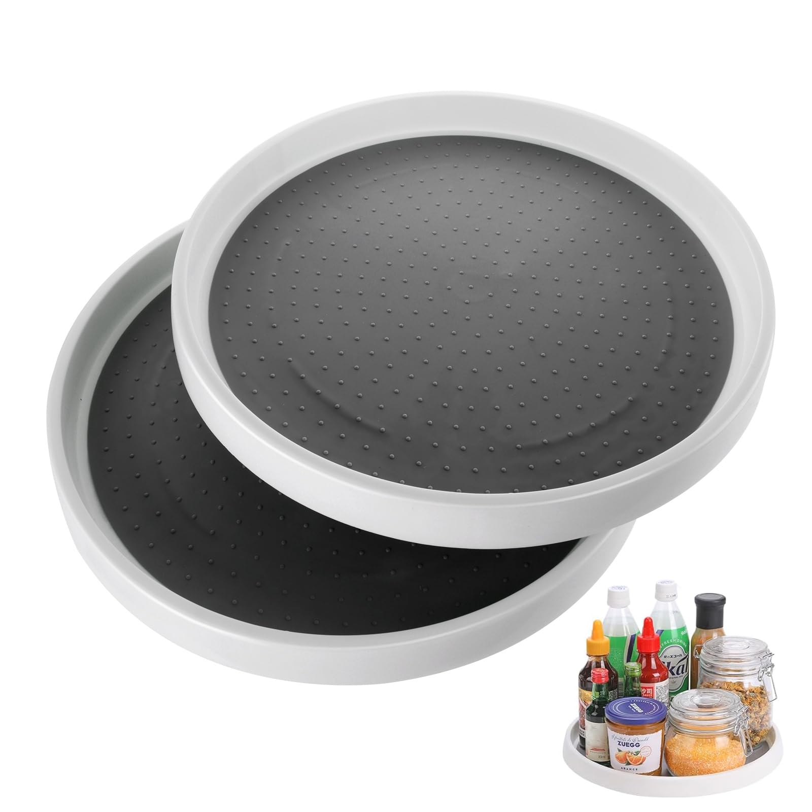 LOLYSIC 2 Pack Lazy Susan Cupboard Organiser, 30cm 12" Lazy Susan Turntable Non-Slip Rotating Spice Rack Sauce Condiment Holder for Kitchen Cupboard Cabinet Pantry Fridge, Grey