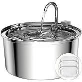 Tomxcute Cat Water Fountain, 3.2L/108oz Automatic Stainless Steel Pet Fountain Dog Water Dispenser, Ultra-Quiet Pump and 3 Replacement Filters & for Cats, Dogs, Multiple Pets