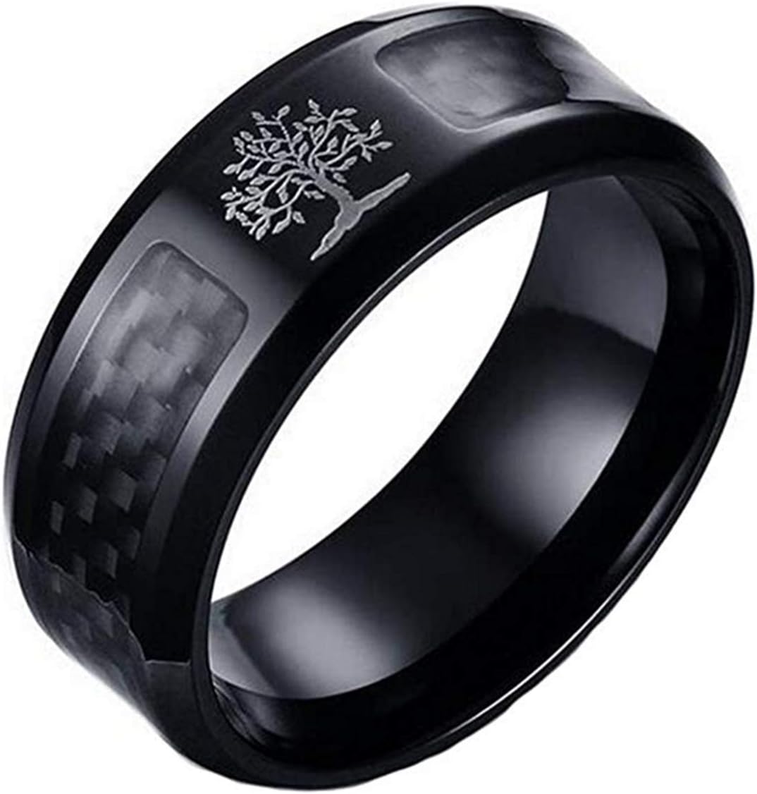 Men's Stainless Steel Carbon Fiber Wedding Band Ring 8mm Tree of Life