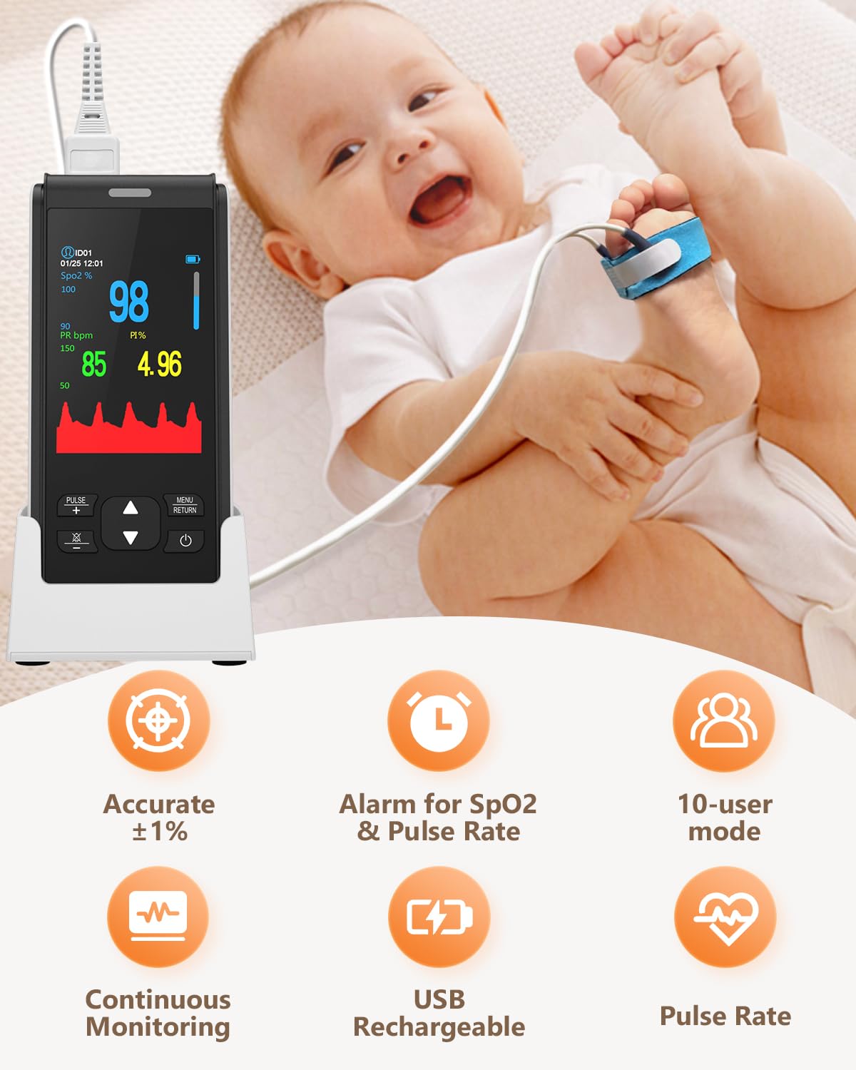 HealthTree Infant Handheld Pulse Oximeter Oxygen Monitor Fingertip for Adult Baby, Rechargeable Oximeter with Overnight Continuous, Alarm