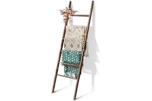 6-Tier Wooden Blanket Ladder, 5.7FT(66.5'') Quilt Towel Holder Rack, Easy Assembly, Rustic Farmhouse Shelf for Living Room Be