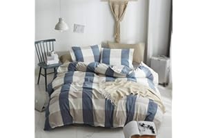 HYPREST Queen Duvet Cover - 100% Cotton Duvet Cover Queen Blue Buffalo Plaid Soft Breathable Farmhouse Style