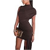 GORGLITTER Women's Asymmetrical Bodycon Mini Dresses Sexy Going Out Ruched Mock Neck Birthday Prom Club Dinner Dress