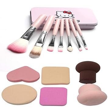 BELLA HARARO Metal Synthetic Makeup Hello Kitty Brushes (Set of 7), Face Contour Brush, Blusher Brush with Sponge Makeup 6 In 1 Beauty