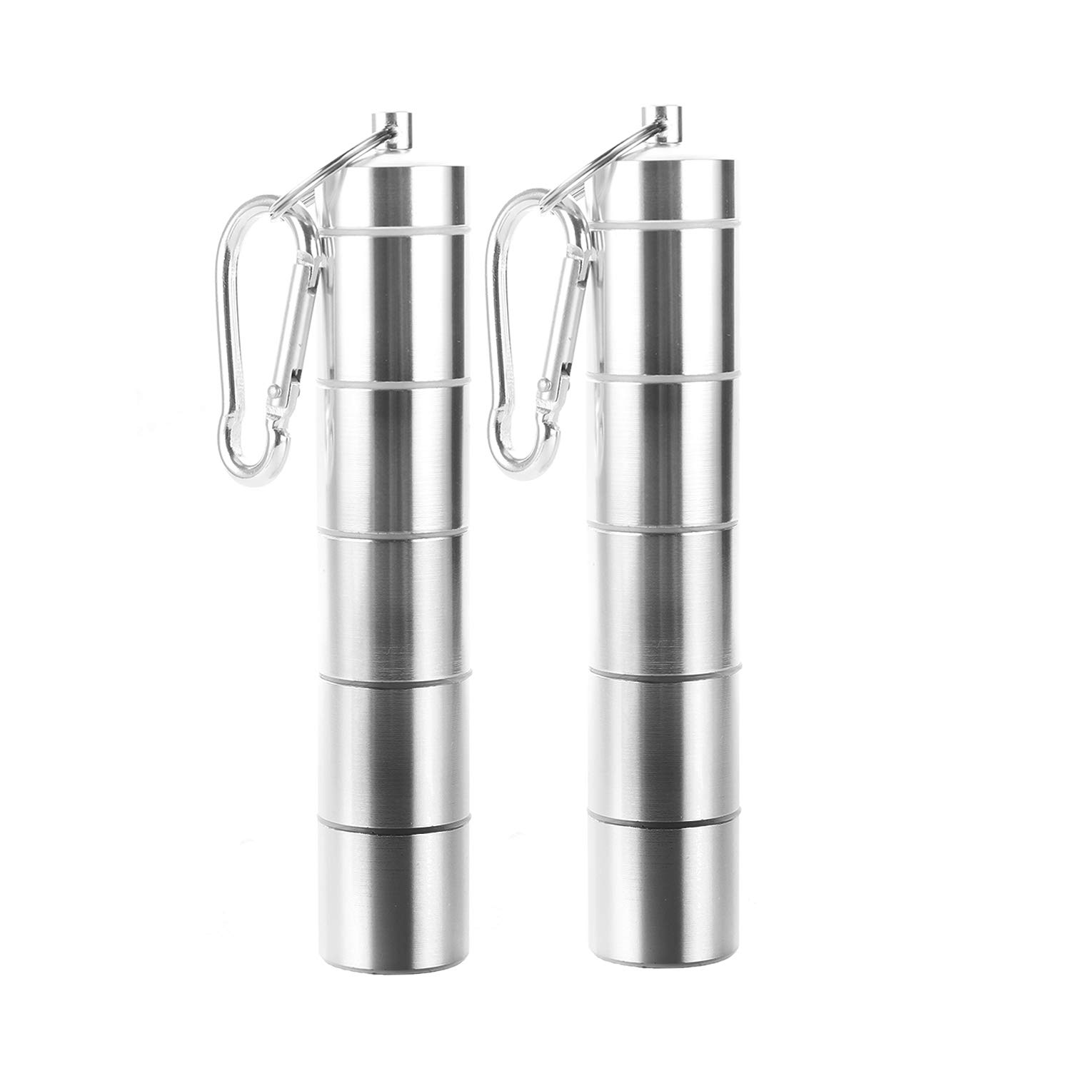 Pocket Pill Case, Portable Pill Box, Designerbox 5 Compartments Aluminum Alloy Pill Holder Waterproof Medicine Organizer Pill Bottle Pill Container with Keychain & Carabiner for Travel Camping (2 PCS)