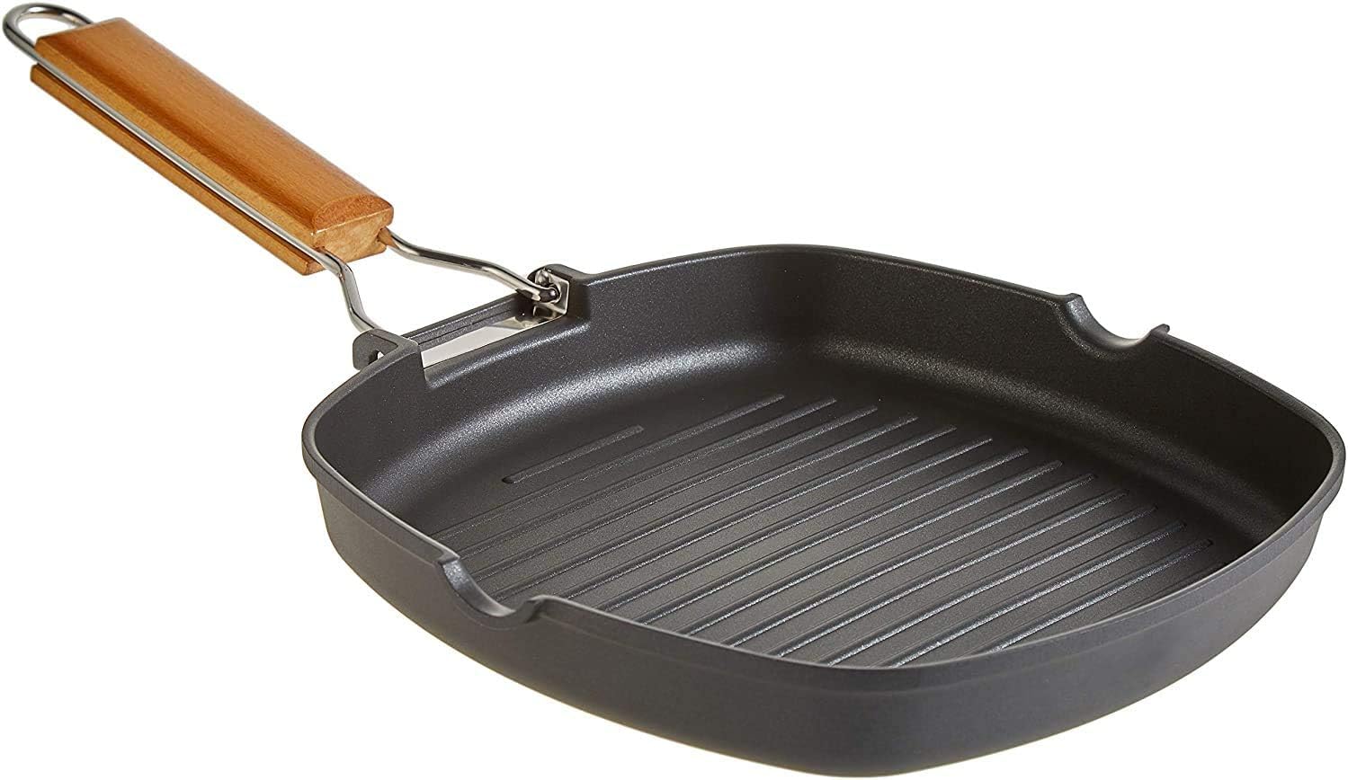 WECOOK! Ecostone Grill Induction Grill Stripes 24 x 24 cm, Non-Stick ILAG Eco-Friendly PFOA-Free, Cast Aluminium, 5 mm Thickness, Folding Wood Handle, Suitable for All Cookers, Gas