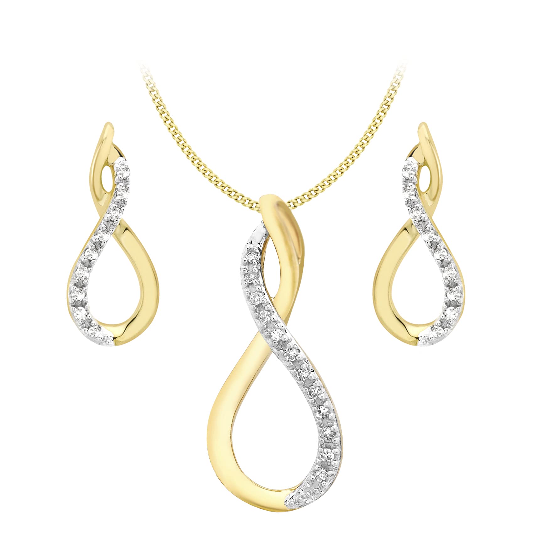 CARISSIMA Women's 9ct Yellow Gold Diamond Figure 8 Drop Earrings and Pendant on Curb Chain Necklace of 46cm/18