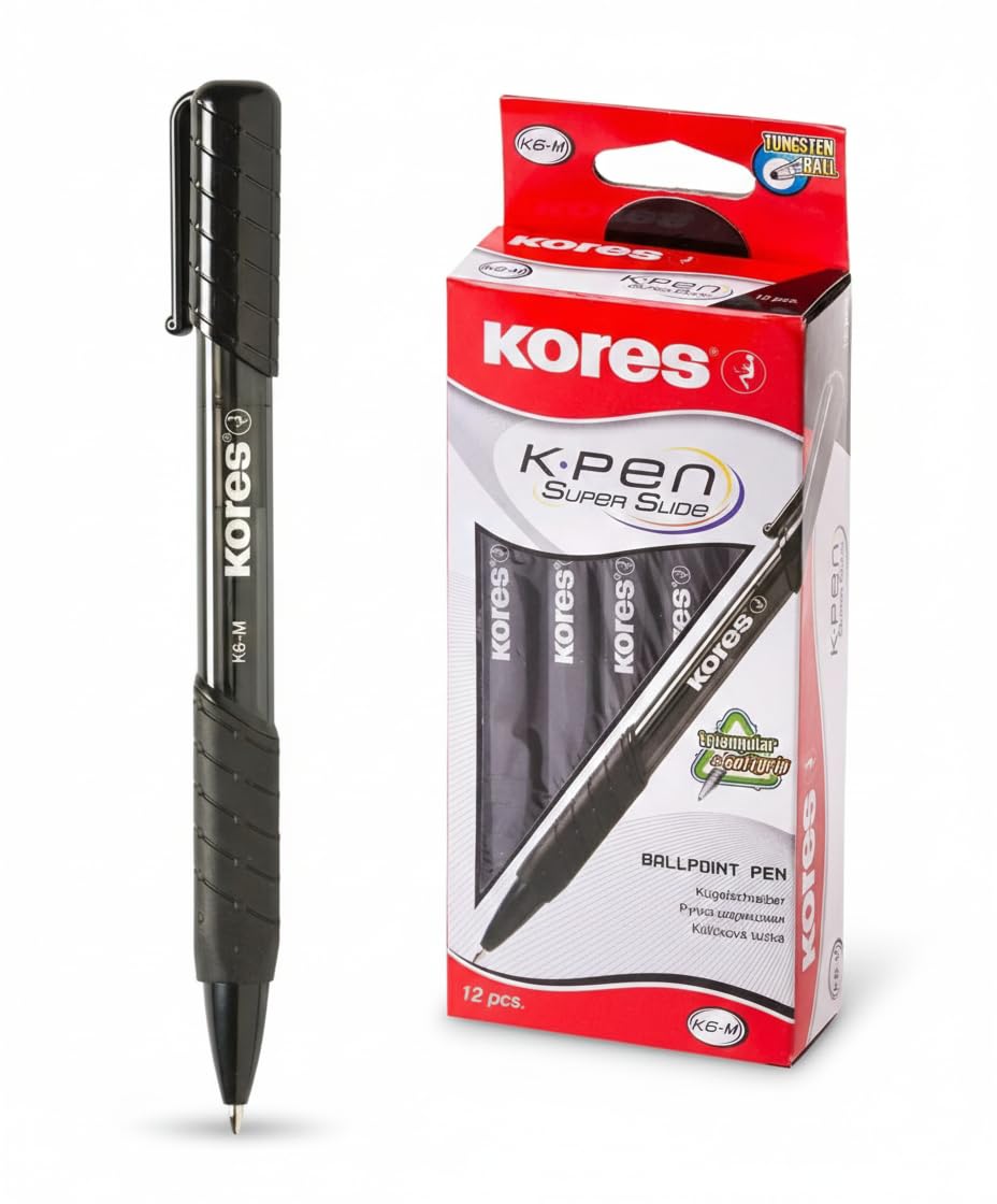 Kores - Black Super Slide Ballpoint Pens - K6, 1mm, Triangular, Point Biro, Smudge-Proof Ink - Back to School Supplies, Crafts and Writing Pens, Pens Multipack - Set of 12