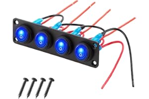 TIANWIDJEW Waterproof Marine Switch Panel, 4 Gang Toggle Oscillating Switch with 12v Round Point Dc Illuminated 20a 3pin ON/O