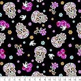 Day of The Dead Skulls Cotton Fabric by The Yard, with Glitter