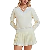 IUK Women's 2 Piece Tennis Skirt Set, V-Neck Long Sleeve Sweatshirt & High Waisted Pleated Skirt, Athletic Outfit for Golf