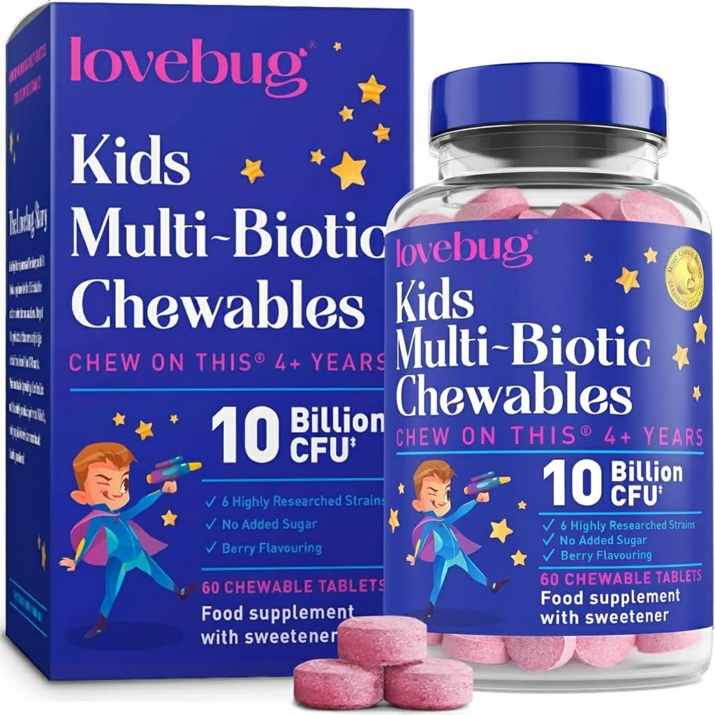 Lovebug Kids Probiotic Chewables - 10 Billion CFU with Prebiotics - Friendly Bio Cultures for Children & Toddlers (Age 4+) - 60 Chewable Berry Flavour Tablets - Gentle Support for Childrens Gut Health