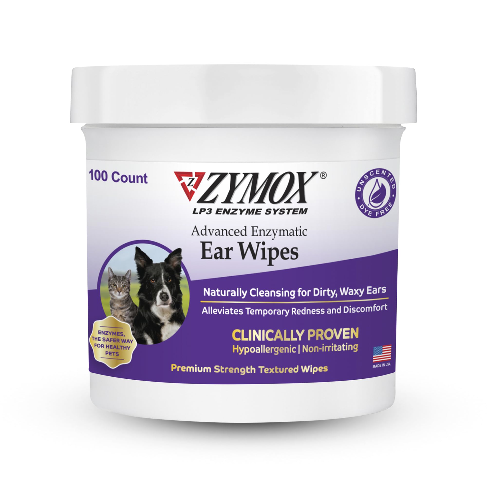 ZYMOX Advanced Enzymatic Ear Wipes for Dogs and Cats - for Dirty, Waxy, Smelly Ears - Premium Strength Ear Cleaner Wipes - Non-Irritating - Hypoallergenic - 100 ct