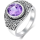 Plesitep Natural Amethyst Vintage Rings for Women S925 Sterling Silver Retro Style Oval Gemstone Statement Ring Birthstone Jewelry for Mom Girlfriend Her in Size