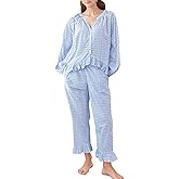 COZYPOIN Womens Plaid 2 Piece Pajamas Sets Cotton Gingham Puff Long Sleeve Cute Shirt Ruffle Pants Y2K Pjs Lounge Set