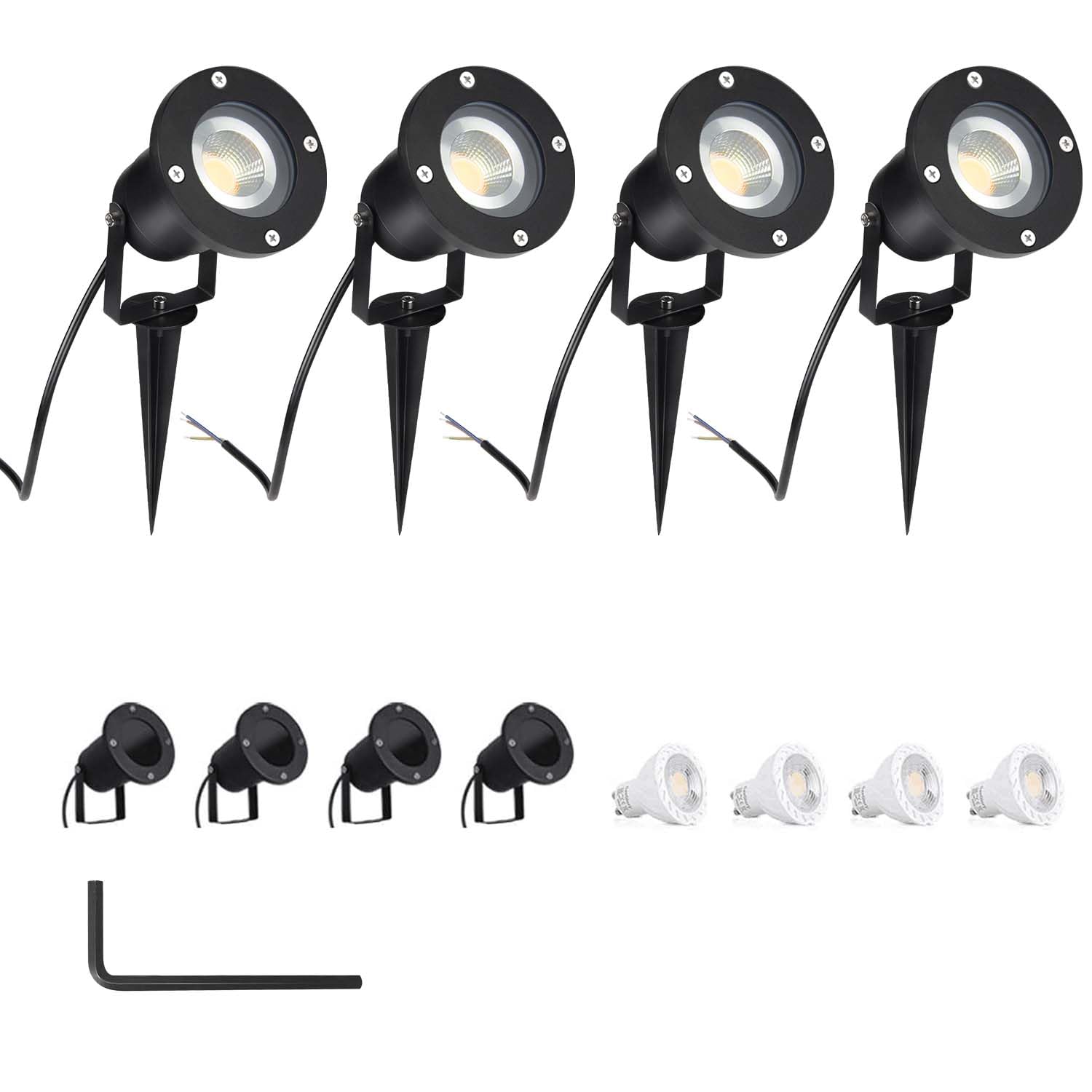 4 Pack 5W LED GU10 Garden Lighst LED Spotlight with Ground Spike AC85-265V with 40CM Power Cable Waterproof Lamp Outdoor Warm White 3000K Round for Path Lighting for Garden Terrace Stairs Garage