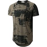 KLIEGOU Mens Hipster Hip Hop Ripped Round Hemline Pattern Print T Shirt
