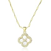 LETFLY Four Leaf Clover Initial Necklaces for Women, 14K Gold Plated Natural Shells Clover Letter Pendant, Alphabets A-Z Necklace Jewelry Gifts for Women