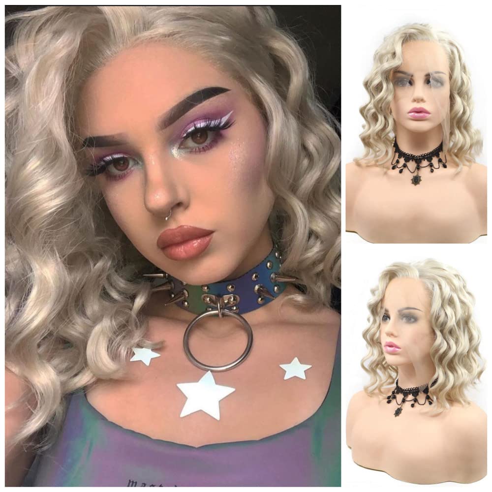 RainaHair 14inch Short Wavy Wig Heat Resistant Side Part Pastel Blonde Lace Front Wigs for Women Bob Fashion New Hairstyle Half Hand Tied Party Drag Queen