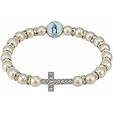 Women's Rosary Bracelet Pearl Beads Miraculous Medal Rhinestone Cross