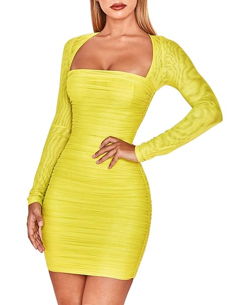 square neck ruched mesh bodycon dress