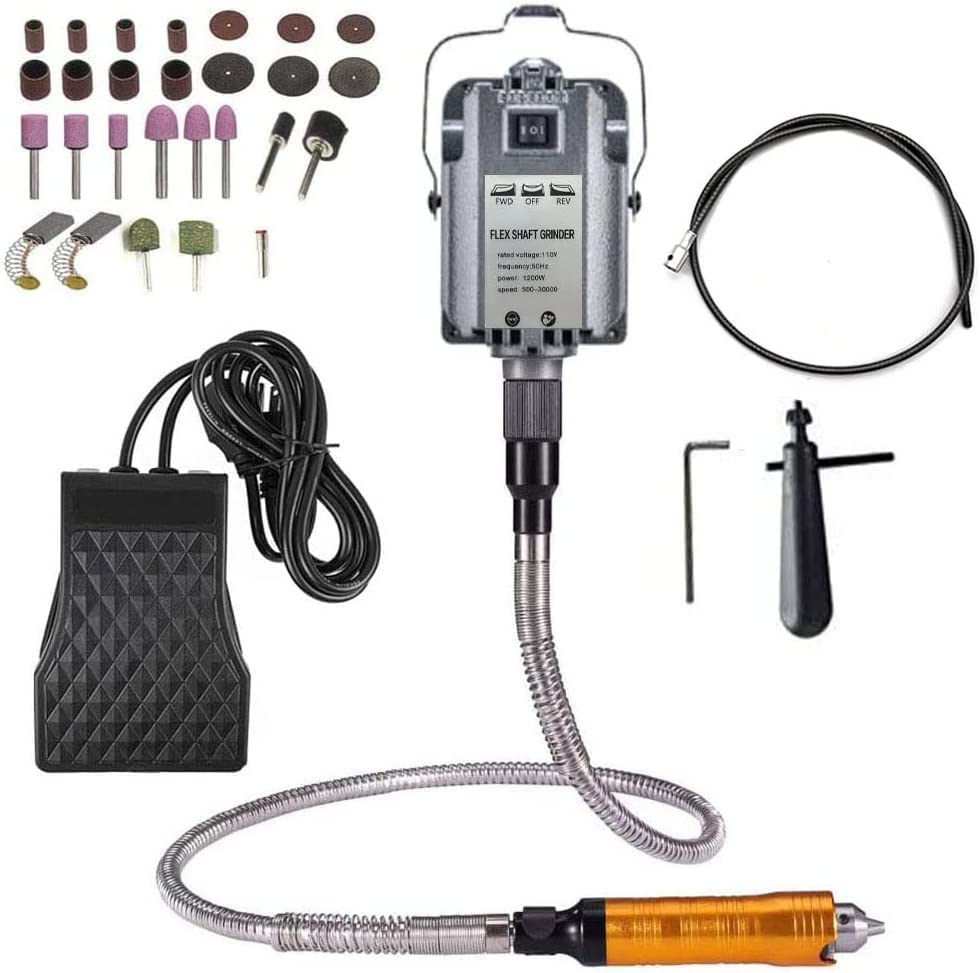 Seababyhouse 1200W Flex Shaft Grinder Rotary Tool Electric Hanging Carver, Forward and Reverse Rotation, Metalworking Jewelry Repair Kit, Foot Pedal Control, Metal Flexible Shaft, w/Spare Inner Shaft