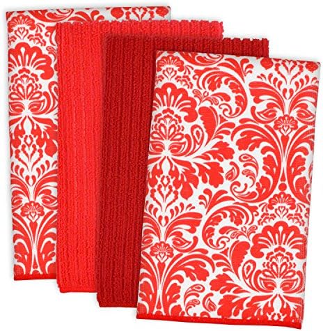 DII Cleaning Collection Multi-Purpose Microfiber, Red Damask, Dishtowel Set